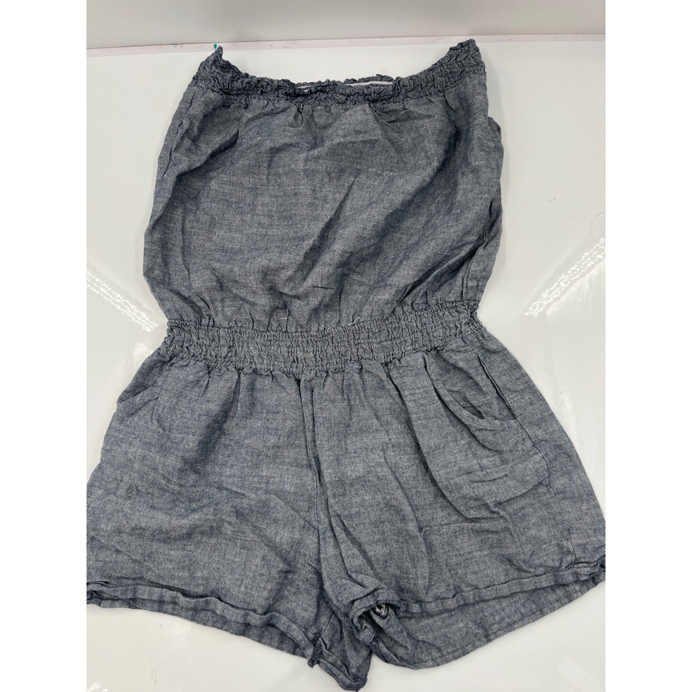DBL Blue Linen Cotton Strapless Smocked Romper Womens Large Chambray Pockets